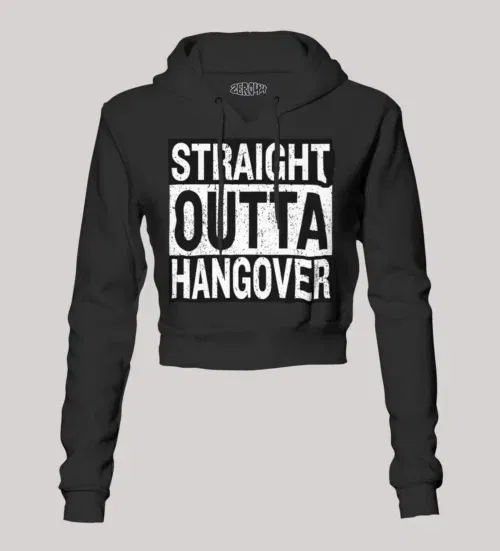 Straight outta hangover women's crop hoodies in black color