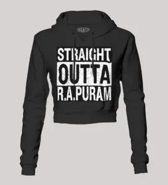 Straight outta r. A puram women's crop hoodies in black color