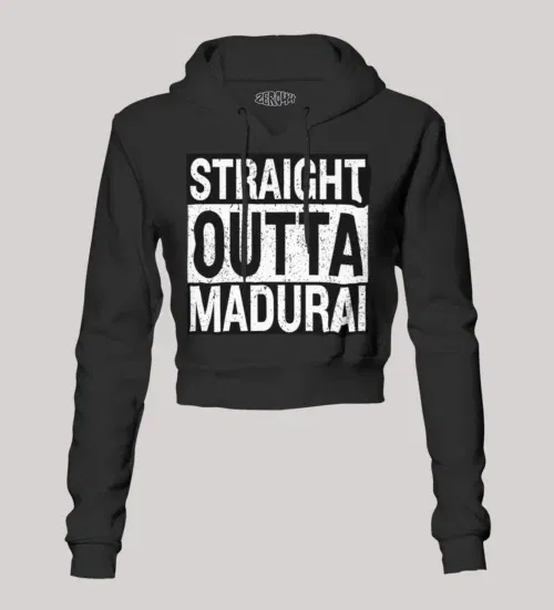 Straight outta madurai women's crop hoodies in black color