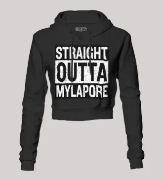 Straight outta mylapore women's crop hoodies in black color