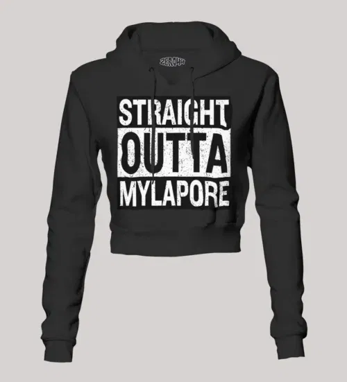 Straight outta mylapore women's crop hoodies in black color