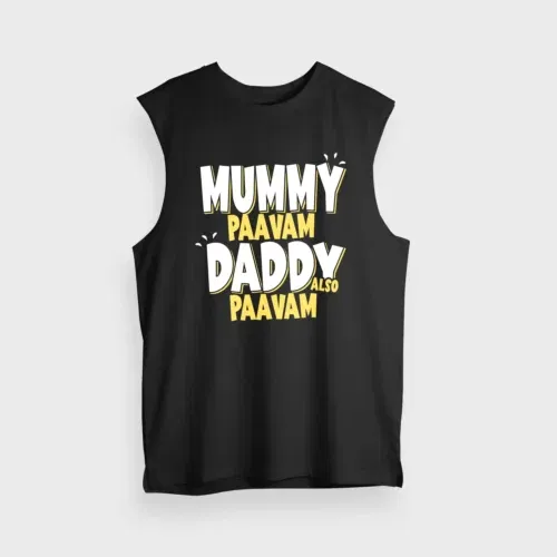 Mummy paavam, daddy also paavam men/unisex tank top in black color