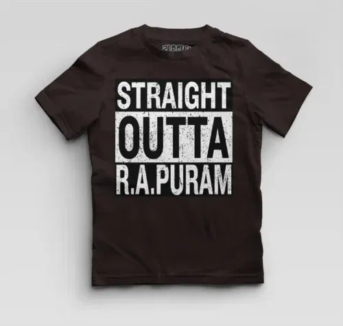 Straight outta r. A puram boys round neck t-shirt in coffee brown color