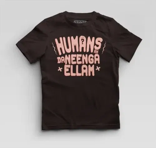 Humans ah da neenga ellam? Boys round neck t-shirt in coffee brown color