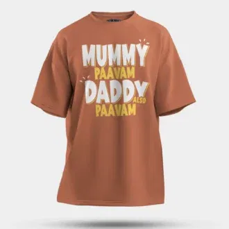 Mummy paavam, daddy also paavam men/unisex oversized t-shirt in coral color