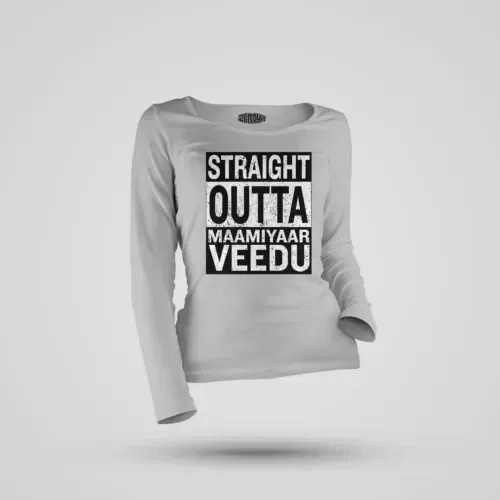 Straight outta maamiyaar veedu women's long sleeve t-shirt in grey melange color