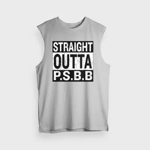 Straight outta psbb men/unisex tank top in grey melange color