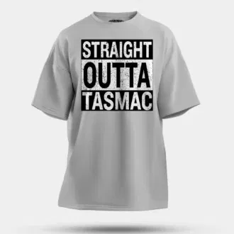 Straight outta tasmac men/unisex oversized t-shirt in grey melange color