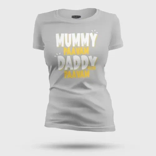 Mummy paavam, daddy also paavam women's t-shirt in grey melange color