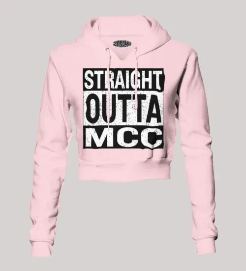 Straight outta mcc women's crop hoodies in light baby pink color