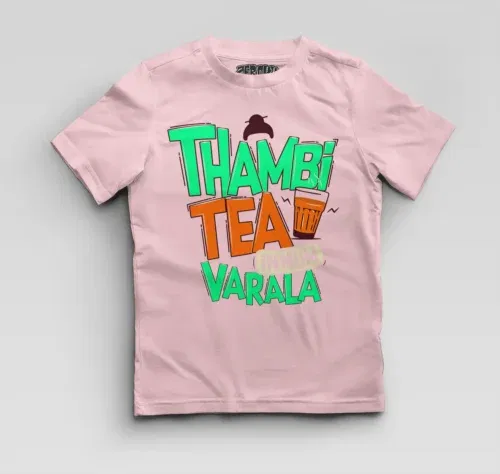 Thambi tea innum varala boys round neck t-shirt in light baby pink color