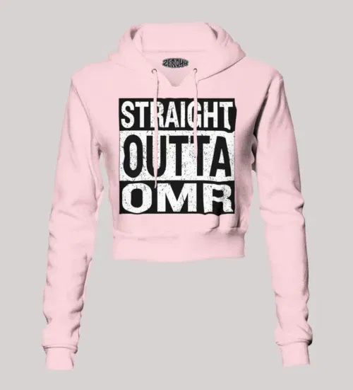 Straight outta omr women's crop hoodies in light baby pink color