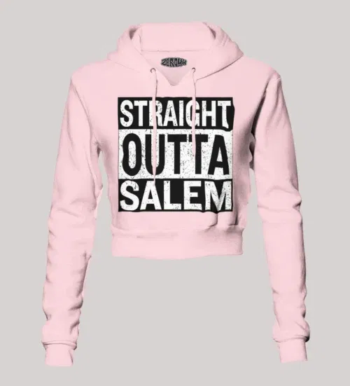 Straight outta salem women's crop hoodies in light baby pink color