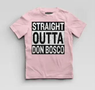 Straight outta don bosco boys round neck t-shirt in light baby pink color