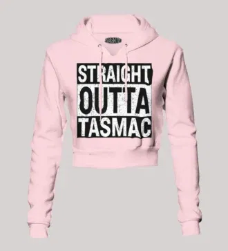 Straight outta tasmac women's crop hoodies in light baby pink color