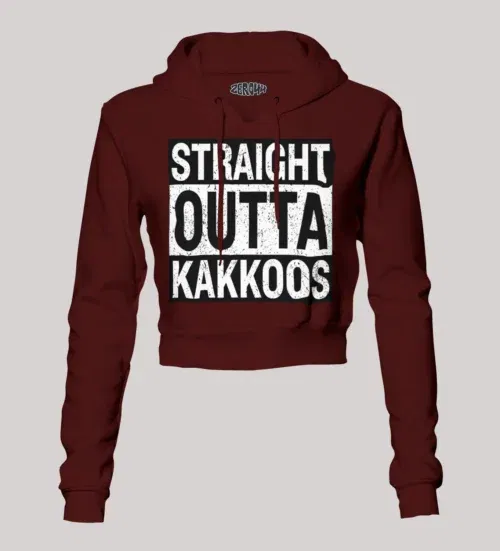 Straight outta kakkoos women's crop hoodies in maroon color