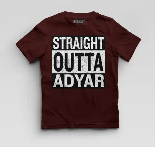 Straight outta adyar boys round neck t-shirt in maroon color