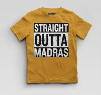 Straight outta madras boys round neck t-shirt in mustard yellow color