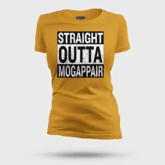 Straight outta mogappair women's t-shirt in mustard yellow color