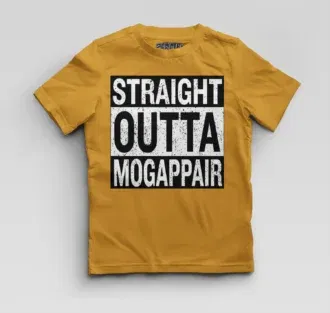 Straight outta mogappair boys round neck t-shirt in mustard yellow color