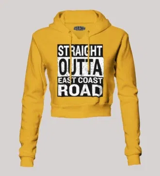 Straight outta ecr women's crop hoodies in mustard yellow color