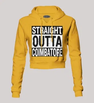 Straight outta coimbatore women's crop hoodies in mustard yellow color