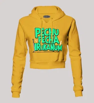 Pechu pecha irrukanum women's crop hoodies in mustard yellow color