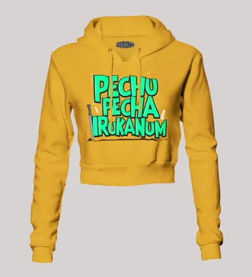 Pechu pecha irrukanum women's crop hoodies in mustard yellow color