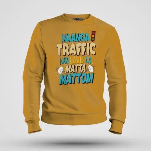 Naanga traffic and lovu la matta mattom men/unisex sweatshirt in mustard yellow color