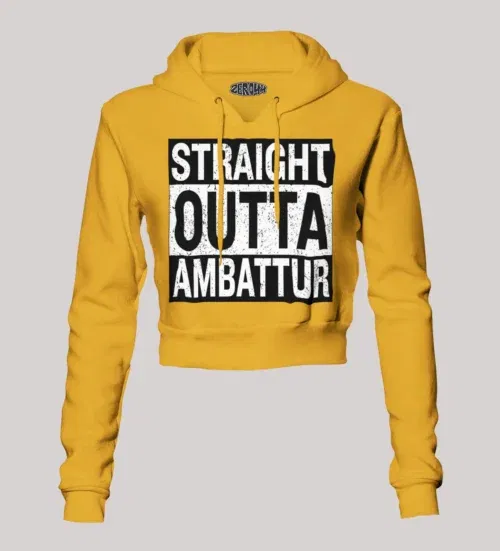 Straight outta ambattur women's crop hoodies in mustard yellow color