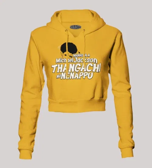 Manasula michael jackson thangachi nu nenappu women's crop hoodies in mustard yellow color