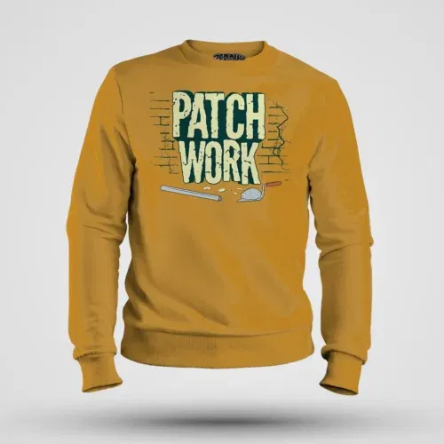 Patch work men/unisex sweatshirt in mustard yellow color