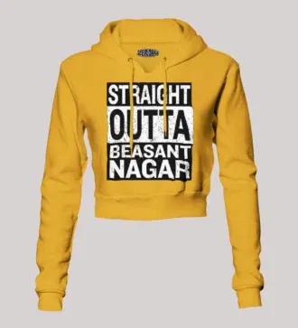 Straight outta beasant nagar women's crop hoodies in mustard yellow color