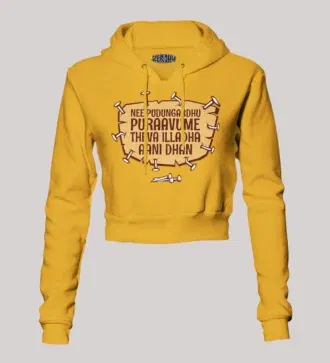 Nee pudungurathu puraavume theva illadha aani dhan women's crop hoodies in mustard yellow color