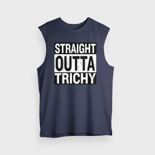 Straight outta trichy men/unisex tank top in navy blue color