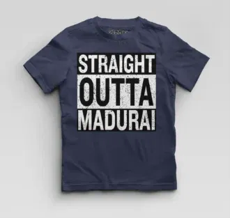 Straight outta madurai boys round neck t-shirt in navy blue color