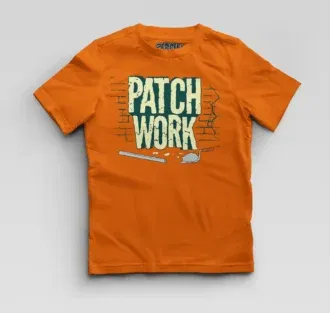 Patch work boys round neck t-shirt in orange color