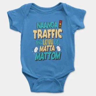 Naanga traffic and lovu la matta mattom onesie/romper in orchid blue color