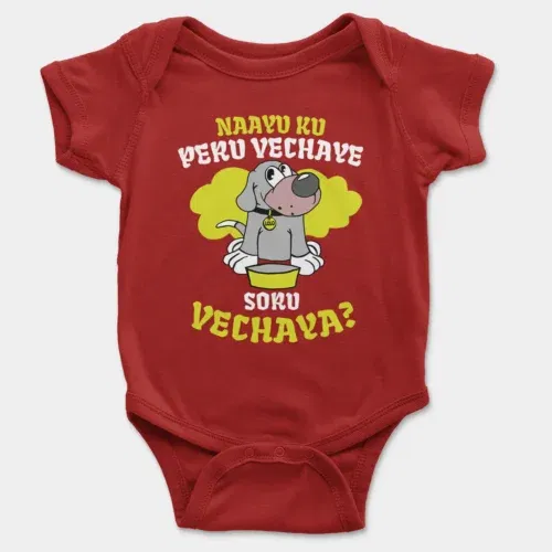 Naayu ku peru vachaye soru vachaye onesie/romper in red color