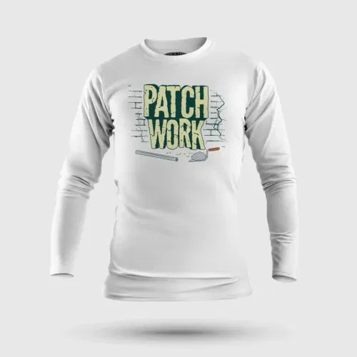 Patch work men/unisex long sleeve t-shirt in white color