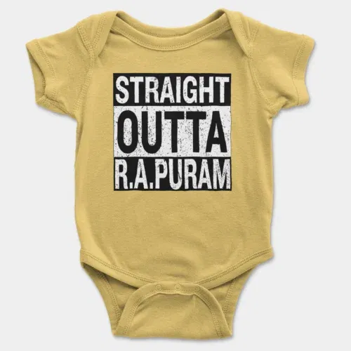 Straight outta r. A puram onesie/romper in yellow color