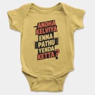 Andha kelviya enna pathu yenda ketta onesie/romper in yellow color